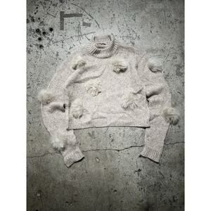 Tibi Fur Pom-Pom Sweater Tunic Dress Beige Tan‎ Alpaca Size Small